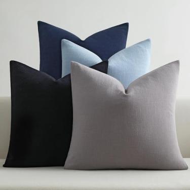 Imagem de JUSPURBET Capas de almofada decorativas 50 x 50 conjunto de 4 capas de almofada de linho para sofá cama capas de almofada macias com zíper oculto para decoração de sala de estar, cinza claro aqua