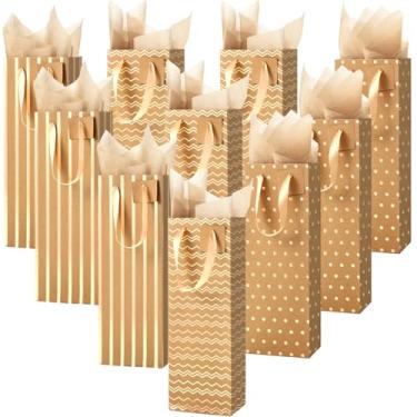 Imagem de Chrisfall 12 sacos de vinho para garrafas, sacos de presente de vinho, papel kraft a granel com alças de etiquetas, papel de seda para embrulho de Natal, Natal, festa de aniversário, presente de