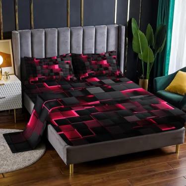 Imagem de Jogo de lençol geométrico, 4 peças, solteiro, rosa, preto, com bolsos profundos de 40,6 cm, para decoração de quarto de crianças e adultos, 4 peças (1 lençol com elástico + 1 lençol + 2 fronhas)