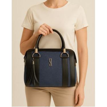 Imagem de Bolsa Feminina Baú Jeans material ecológico Bicolor Casual Tiracolo Tr