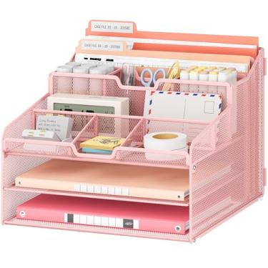 Imagem de Lavatino Organizador de arquivos de papel de mesa – malha de metal com 2 bandejas de letras, 7 divisórias flexíveis, 2 suportes de pasta de arquivo verticais para escritório/casa/material de sala de