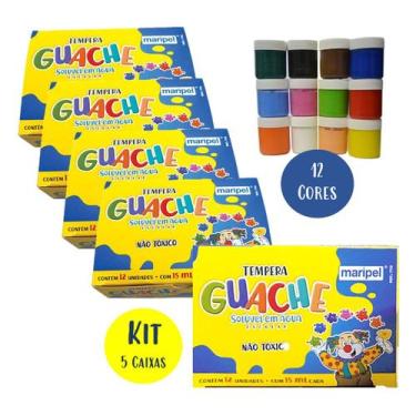 Imagem de Tinta Guache 12 Cores Kit 5 Caixas Escolar Infantil Não Tóxica Maripel