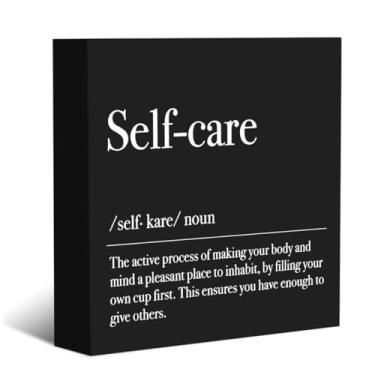 Imagem de Autocuidado substantivo decoração de deck caixa de madeira sinal inspirador rústico preto bloco de madeira placa caixa placa para casa escritório fazenda exibição de mesa decoração de madeira,