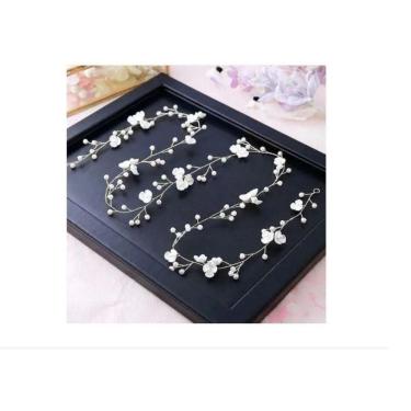 Imagem de Tiara Arranjo Cabelo Noiva Pérola Fio Flor Prata