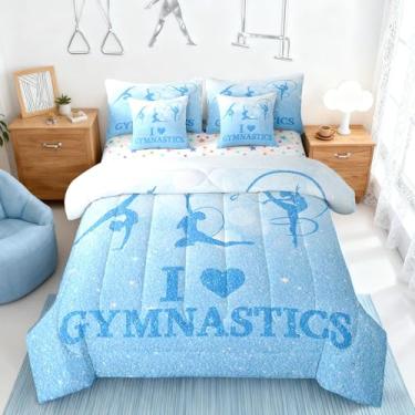 Imagem de Conjunto de edredom completo com tema de ginástica, 7 peças, silhueta de ginasta, azul com glitter, edredom romântico para todas as estações, lençol de cima, 2 fronhas, 2 fronhas