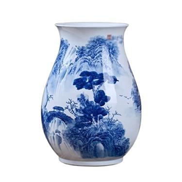 Imagem de Vaso de flores vaso de cerâmica 33,3 cm grande azul e branco vaso de flores de porcelana chinês retrô paisagem pintada à mão vasos de decoração sala de estar quarto ORN