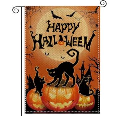 Imagem de Bandeira de jardim de Halloween, abóbora jack, lanterna, feliz dia das bruxas, bandeiras de jardim, gato assustador, morcego, aranha, bandeira de quintal, 30,5 x 45,7 cm, dupla face para pátio externo