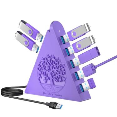 Imagem de JoyReken Hub USB 3.0 de 7 portas, expansor USB vertical roxo profundo com iluminação RGB de árvore, transferência de dados de 5 Gbps, cabo de 6 m, compatível com laptop, desktop, PS5, Xbox, impressora