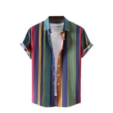 Imagem de Camisa masculina COZYEASE de manga curta com botões, verde, tamanho L