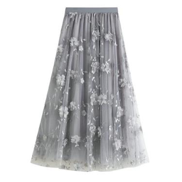 Imagem de Saia feminina Qoinied, tule midi, elástica, cintura alta, floral