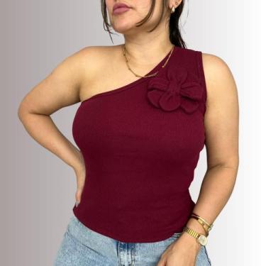 Imagem de Blusa Feminina Básica Ombro Só Detalhe Flor Mula Manca Moda Primavera 