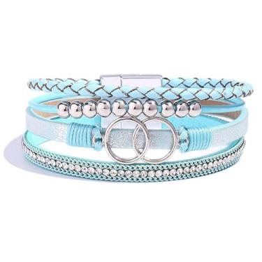 Imagem de P Ammy Fashion® Pulseiras de couro PU multicamadas com punho boho largo colorido leopardo pulseiras com fecho magnético, Medium, Couro sintético