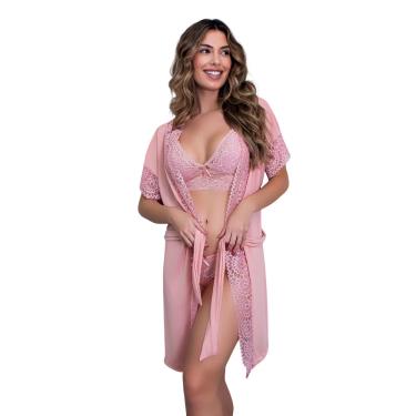 Imagem de Robe de Luxo Microfibra Com Renda Hobby Roupão Roupa de Dormir com Cinto Lingerie Sexy para Noite Especial Manga Curta