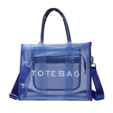 Imagem de WREWING Sacola transparente para mulheres, bolsa de praia de malha grande, bolsa transversal transparente de PVC com zíper, bolsa de estádio para esportes de viagem, Azul, Large