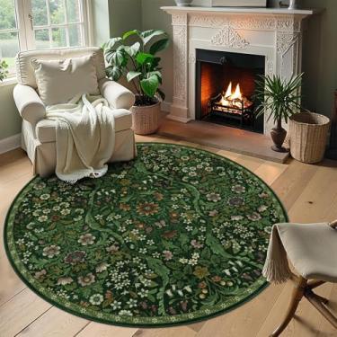 Imagem de Tapete redondo 1,8 m verde escuro lavável floral círculo, vintage boho botânico, tapete circular antiderrapante macio de pelo baixo para quarto, quarto de crianças, dormitório de faculdade, decoração