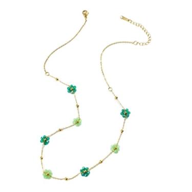 Imagem de Colar requintado de aço inoxidável banhado a ouro, flores verdes, gargantilhas, decorativo, temperamento, moda, feminino, fofo, colar de clavícula, acessórios de joias, presente para amigos e amantes