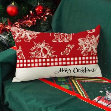 Imagem de Capa de travesseiro de Natal 30,5 x 50,8 cm xadrez vermelho com sinos de fazenda, fronha para decoração de casa de sofá