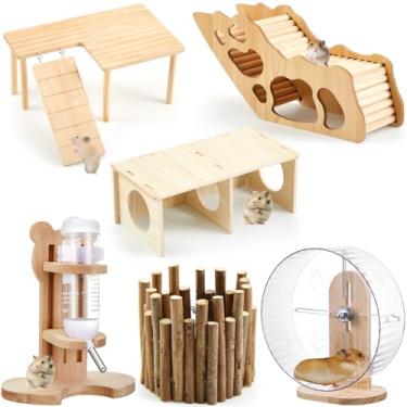 Imagem de Sonwyoung Conjunto de 6 peças de brinquedos de hamster, casa de madeira de labirinto, escada de escalada, ponte de madeira, túnel de brinquedo, rodas de corrida silenciosas para exercícios e conjunto