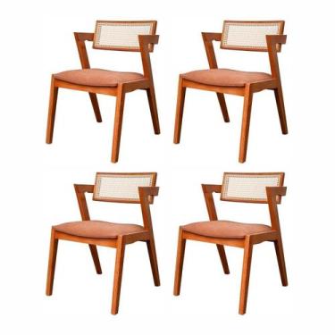 Imagem de Kit 4 Cadeiras Madeira Maciça, Rattan de Fibra 100% Natural e Estofada