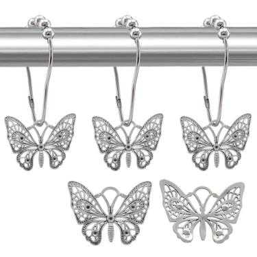 Imagem de TJSKD Ganchos decorativos de cortina de chuveiro, 12 peças de ganchos de cortina de borboleta, anéis de chuveiro, clipes de cabide de cortina de chuveiro à prova de ferrugem, anel de gancho para varão