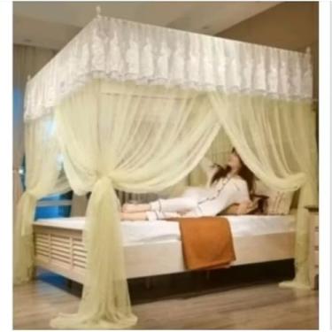 Imagem de Mosquiteiro com Armação Completo para Cama Casal/Box/Queen – Renda Volta ao Mundo Importada, Estrutura Reforçada, Estilo Palácio (Amarelo)