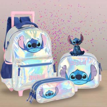 Imagem de Kit Mochila com rodas + Lancheira + Estojo Triplo Luxo Stitch Holográf