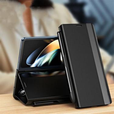 Imagem de Capa de celular com suporte de couro galvanizado para Samsung Galaxy Z Fold 6 5 4 3 5g com flip magnético (para Galaxy Z Fold 5/preto)