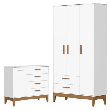 Imagem de Guarda Roupa Infantil Flip 3 Portas Com Cômoda Infantil Sapateira Flip Branco Acetinado - Reller