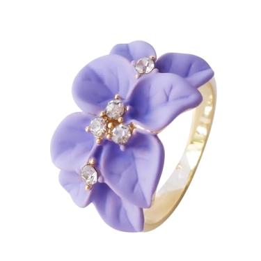 Imagem de Navachi Anel de flor de folhas de esmalte de cristal transparente banhado a ouro 18 k, 6, Zinco Esmalte, Cristal