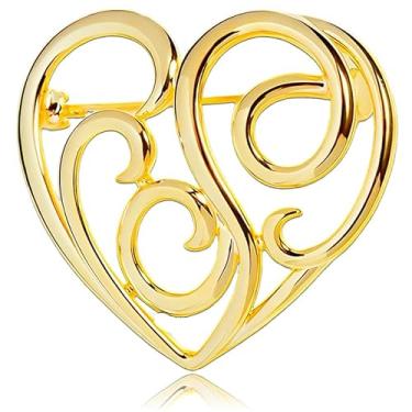 Imagem de Alfinetes de broche de coração dourado aberto lapela hijab broches para mulheres moda joias roupas acessórios de decoração, 4/3, Metal, Sem Pedra Preciosa