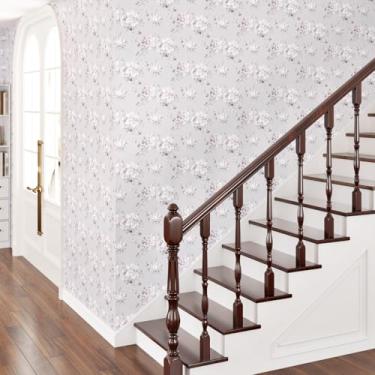 Imagem de EPPKILY Papel de parede floral rosa/roxo, papel de parede vintage floral autoadesivo removível papel de contato floral roxo para armários quarto berçário paredes gaveta 44,5 cm x 299,7 cm