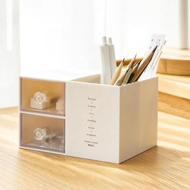 Imagem de Porta-lápis multifuncional, organizador de mesa com 2 gavetas – Armazenamento de mesa para material de escritório e cosméticos (branco)