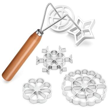 Imagem de Zhehao Conjunto de 6 moldes de ferro roseta com cabo de cabeça dupla, moldes Bunuelos com 5 cabeças intercambiáveis, ferramenta de molde de biscoito timbale para waffles, bolos, biscoitos para assar