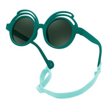 Imagem de FEISEDY Óculos de sol redondos polarizados de borracha flexíveis com alça para bebês recém-nascidos de 0 a 24 meses B0060, Armação verde escura | Lente verde, 39MM