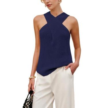 Imagem de Blusa feminina Yeokou Halter Cross Over, tricotada em azul marinho