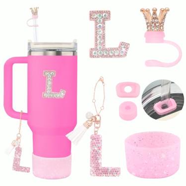 Imagem de Rabrgab Conjunto de 6 peças de acessórios para copos Stanley rosa - pingente de letra dourada para alça de copo, capa de canudo de silicone, adesivo de carta de diamante, bota de silicone brilhante,
