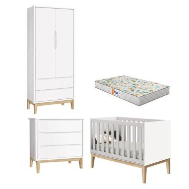 Imagem de Quarto De Bebê 2 Portas E Cômoda Gaveteiro New Classic Branco Com Pés Madeira Natural E Colchão Gazin - Reller