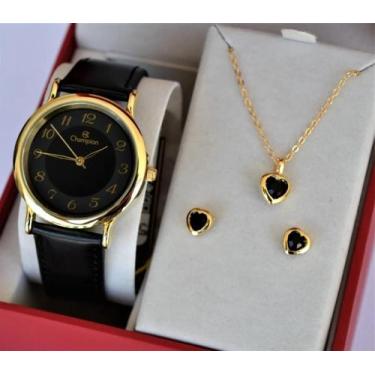 Imagem de Relogio champion feminino visor preto couro numeros ch22288p + kit sem