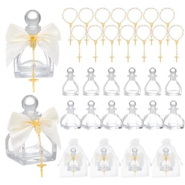 Imagem de AHANDMAKER 14 conjuntos de lembrancinhas de batismo de garrafa sagrada com rosário cruzado e saco de organza recipiente de água benta de 50 ml garrafas de vidro vazias para igreja, casamento, batismo
