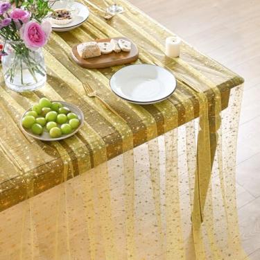 Imagem de Horaldaily Toalha de mesa retangular de gaze com estrela cintilante em ouro amarelo, 152 x 213 cm, folha metálica com glitter estrela dourada, gaze de tule transparente para festa de casamento e chá