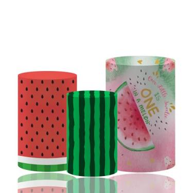 Imagem de MvoVitality Conjunto de capa de pedestal cilíndrica com tema de melancia – 3 tamanhos de decorações de festa de verão para um aniversário de melão, chá de bebê, tema de piquenique, exibição de mesa de