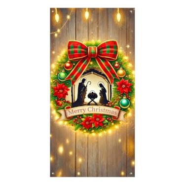 Imagem de BlissYard Capa de porta de guirlanda de Natal Feliz Natal, 89 x 188 cm, faixa de porta de varanda para decoração de inverno, Natal, presépio para sinalização, festa, decoração interna e externa