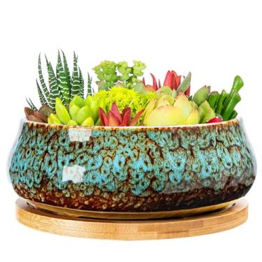 Imagem de ARTKETTY Vasos de suculentas - Vaso de 20 cm, vasos grandes de bonsai com bandeja de drenagem, vasos de cerâmica para plantas internas e externas, recipiente redondo raso para flores de cacto