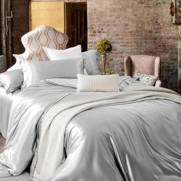 Imagem de SXYMTSW Conjunto de capa de edredom de seda pura amoreira 4 peças, conjunto de cama respirável super macio adulto, para cabelo e pele (2 fronhas, 1 capa de edredom, 1 lençol de cima, sem edredom