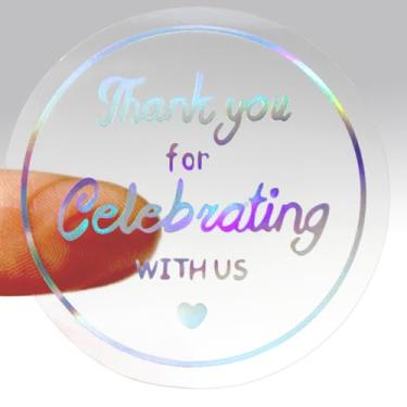 Imagem de 5 cm Holographic Clear Thank You for Celebrating with Us Adesivos Rolos 500 PCS Redondos Prata Folha de Casamento Adesivos Glitter Etiquetas de Selos Autoadesivos para Envelope, Presentes, Cartão de