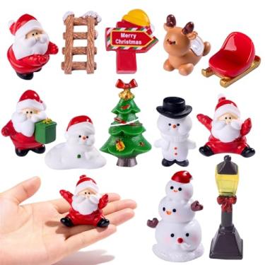 Imagem de LAXISCREED Conjunto de mini estatuetas de resina de Natal com 12 peças – Papai Noel, boneco de neve, rena e árvore – decorações de Natal para ambientes internos e externos, materiais de meias
