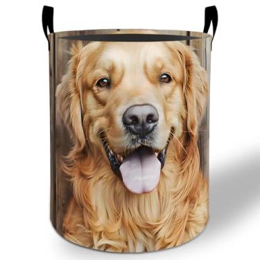 Imagem de Cesto de lavanderia Golden Retriever 50 x 40 cm, balde de armazenamento de roupas Oxford dobrável à prova d'água para quarto, banheiro, quarto, berçário, organizador de brinquedos, presentes para