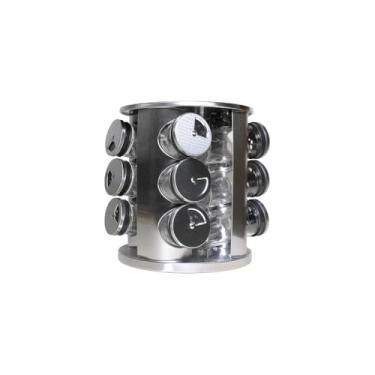Imagem de Porta Condimentos e Temperos Giratório, Aço Inox e Vidro, 12 Potes com Tampa, Base 360°, 21cm x 16cm, para Cozinha