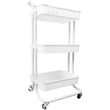Imagem de Carrinho Organizador Multiuso 3 Prateleiras Alça Auxiliar em Aço com Rodinha Manicure Banheiro (Branco)