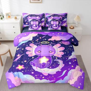 Imagem de Erosebridal Jogo de cama solteiro com estampa de axolotl fofo e galáxia, 7 peças, para crianças, meninos, meninas, animais espaciais, kawaii, salamandra, roxo, azul marinho